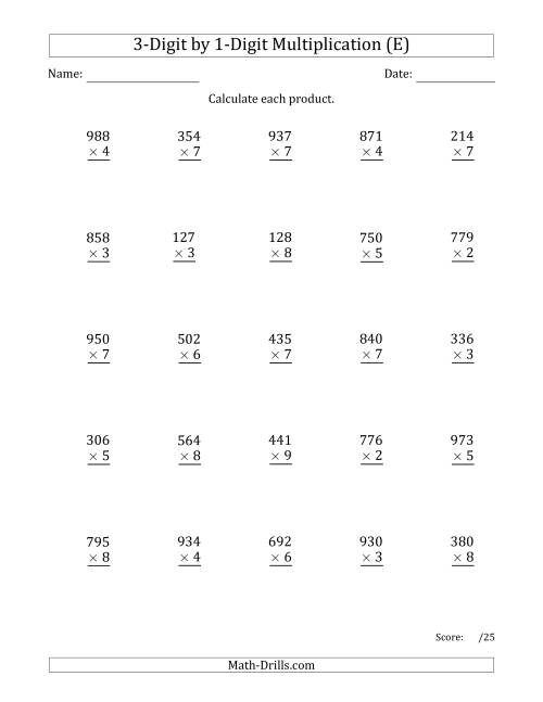 The Multiplying 3-Digit by 1-Digit Numbers with Space-Separated Thousands (E) Math Worksheet