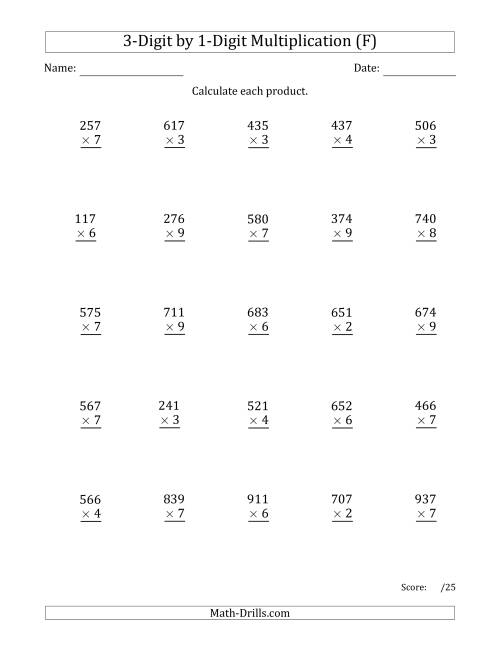 The Multiplying 3-Digit by 1-Digit Numbers with Space-Separated Thousands (F) Math Worksheet