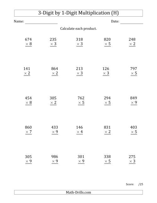 The Multiplying 3-Digit by 1-Digit Numbers with Space-Separated Thousands (H) Math Worksheet