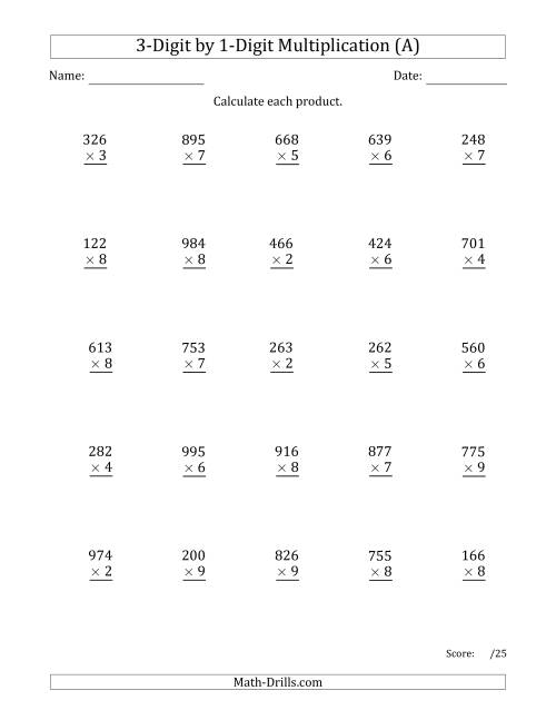 The Multiplying 3-Digit by 1-Digit Numbers with Space-Separated Thousands (All) Math Worksheet