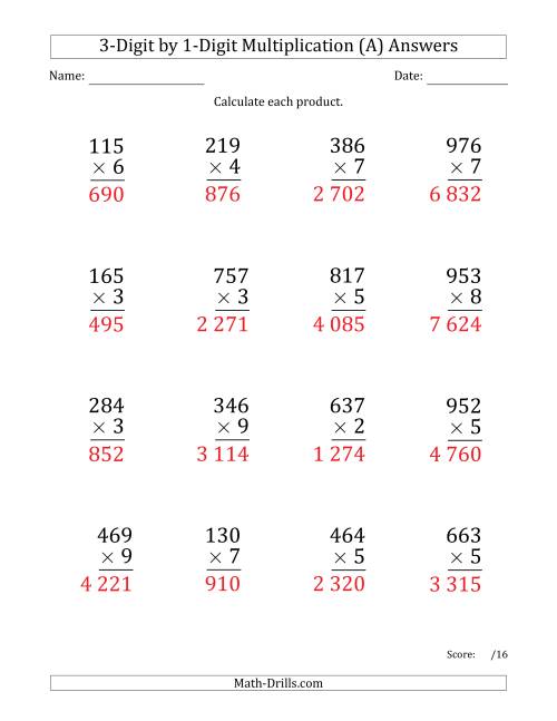The Multiplying 3-Digit by 1-Digit Numbers (Large Print) with Space-Separated Thousands (A) Math Worksheet Page 2
