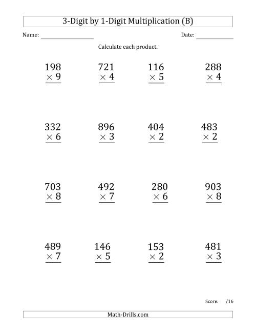 The Multiplying 3-Digit by 1-Digit Numbers (Large Print) with Space-Separated Thousands (B) Math Worksheet
