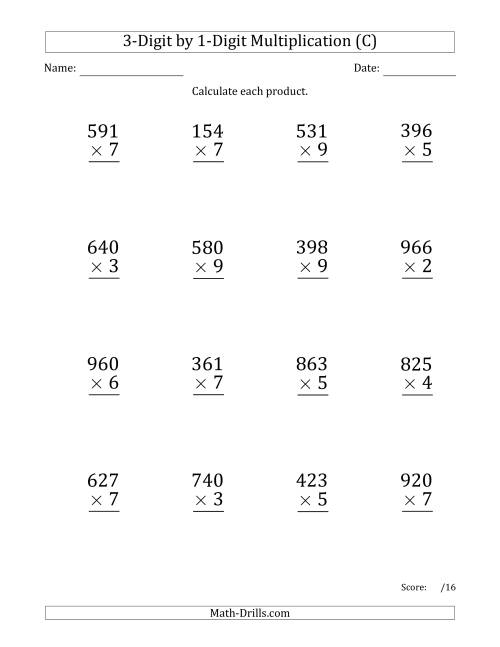 The Multiplying 3-Digit by 1-Digit Numbers (Large Print) with Space-Separated Thousands (C) Math Worksheet