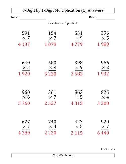 The Multiplying 3-Digit by 1-Digit Numbers (Large Print) with Space-Separated Thousands (C) Math Worksheet Page 2