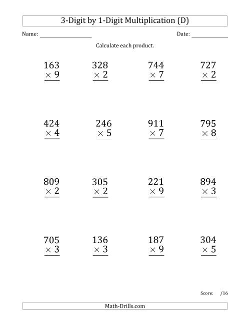 The Multiplying 3-Digit by 1-Digit Numbers (Large Print) with Space-Separated Thousands (D) Math Worksheet