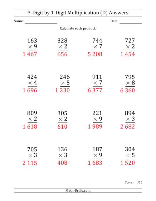 The Multiplying 3-Digit by 1-Digit Numbers (Large Print) with Space-Separated Thousands (D) Math Worksheet Page 2