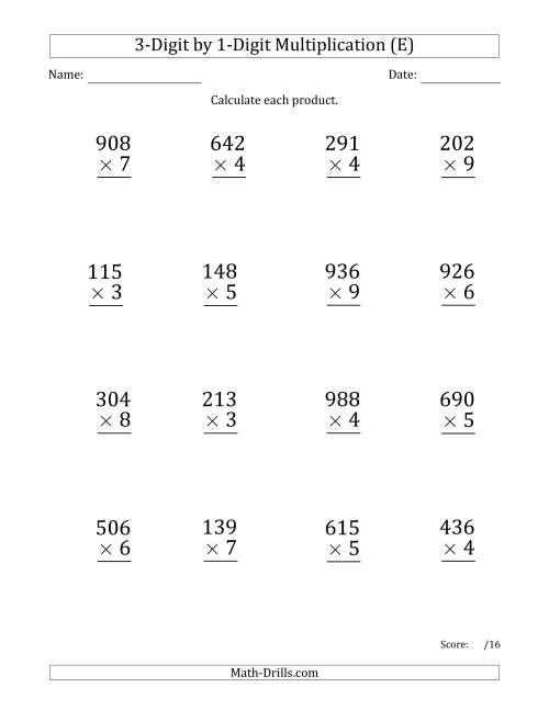 The Multiplying 3-Digit by 1-Digit Numbers (Large Print) with Space-Separated Thousands (E) Math Worksheet