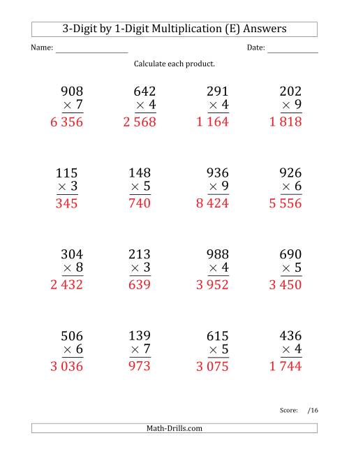 The Multiplying 3-Digit by 1-Digit Numbers (Large Print) with Space-Separated Thousands (E) Math Worksheet Page 2