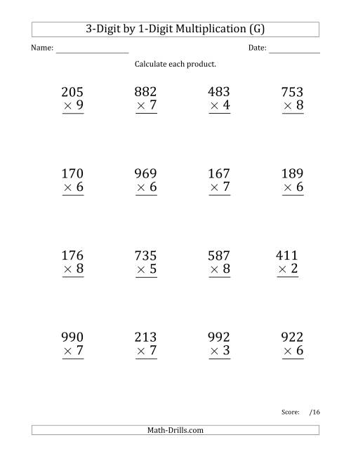 The Multiplying 3-Digit by 1-Digit Numbers (Large Print) with Space-Separated Thousands (G) Math Worksheet