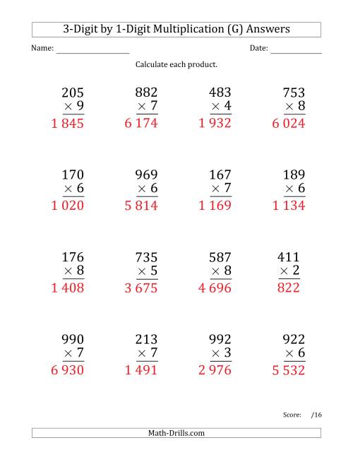 The Multiplying 3-Digit by 1-Digit Numbers (Large Print) with Space-Separated Thousands (G) Math Worksheet Page 2