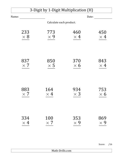 The Multiplying 3-Digit by 1-Digit Numbers (Large Print) with Space-Separated Thousands (H) Math Worksheet