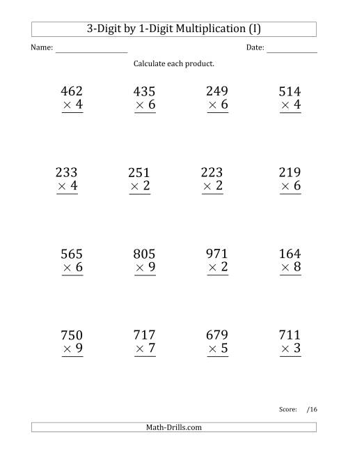 The Multiplying 3-Digit by 1-Digit Numbers (Large Print) with Space-Separated Thousands (I) Math Worksheet