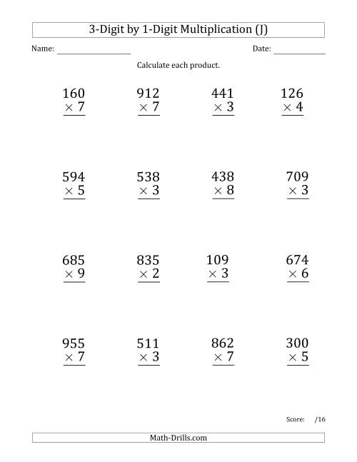 The Multiplying 3-Digit by 1-Digit Numbers (Large Print) with Space-Separated Thousands (J) Math Worksheet