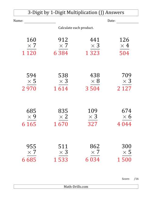 The Multiplying 3-Digit by 1-Digit Numbers (Large Print) with Space-Separated Thousands (J) Math Worksheet Page 2