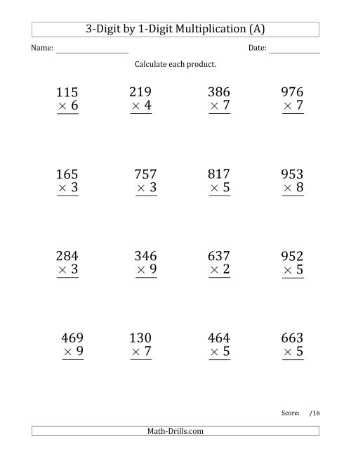 The Multiplying 3-Digit by 1-Digit Numbers (Large Print) with Space-Separated Thousands (All) Math Worksheet