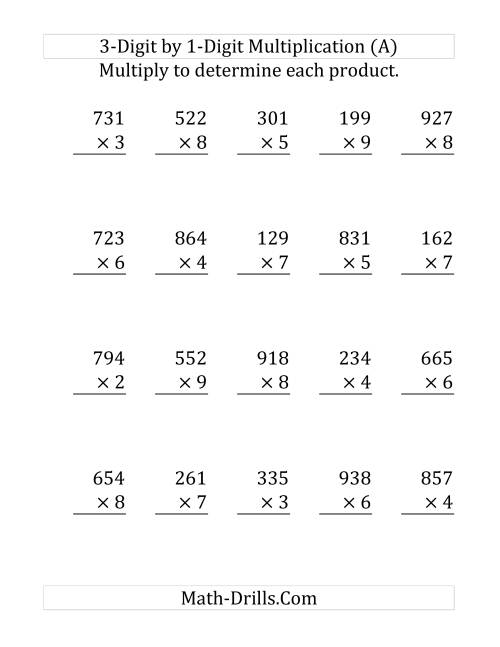 The Multiplying a 3-Digit Number by a 1-Digit Number (Large Print and SI Number Format) (Old) Math Worksheet