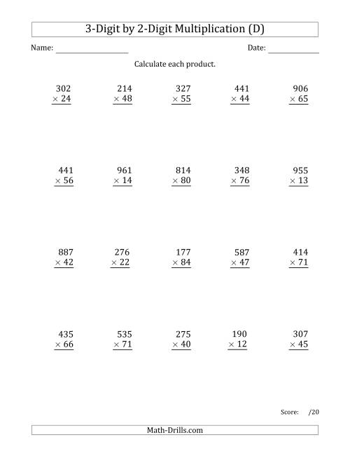 The Multiplying 3-Digit by 2-Digit Numbers with Comma-Separated Thousands (D) Math Worksheet