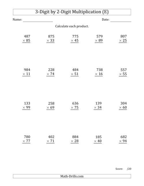 The Multiplying 3-Digit by 2-Digit Numbers with Comma-Separated Thousands (E) Math Worksheet