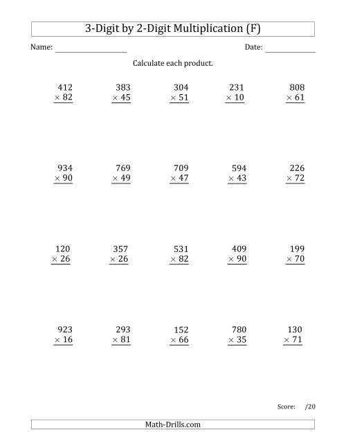 The Multiplying 3-Digit by 2-Digit Numbers with Comma-Separated Thousands (F) Math Worksheet