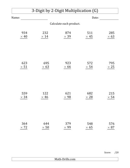The Multiplying 3-Digit by 2-Digit Numbers with Comma-Separated Thousands (G) Math Worksheet