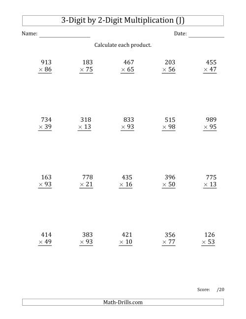 The Multiplying 3-Digit by 2-Digit Numbers with Comma-Separated Thousands (J) Math Worksheet
