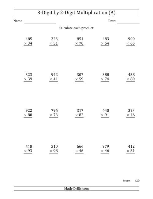 The Multiplying 3-Digit by 2-Digit Numbers with Comma-Separated Thousands (All) Math Worksheet