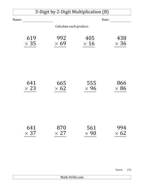 The Multiplying 3-Digit by 2-Digit Numbers (Large Print) with Comma-Separated Thousands (B) Math Worksheet
