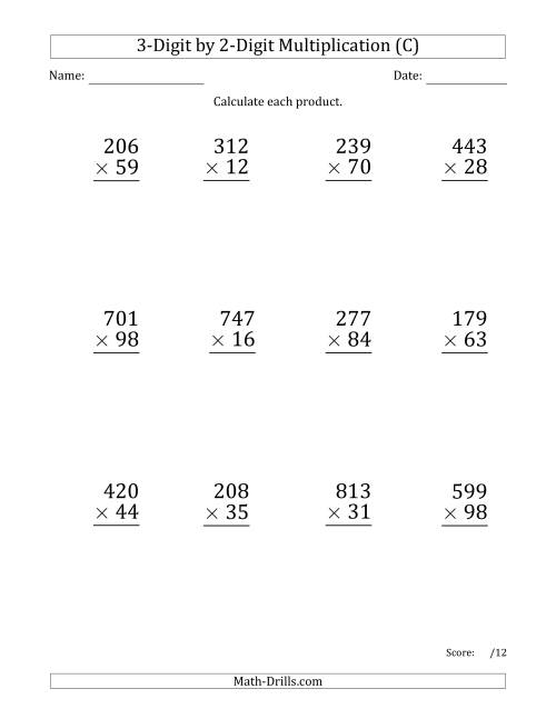The Multiplying 3-Digit by 2-Digit Numbers (Large Print) with Comma-Separated Thousands (C) Math Worksheet