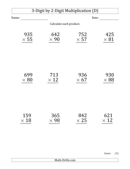 The Multiplying 3-Digit by 2-Digit Numbers (Large Print) with Comma-Separated Thousands (D) Math Worksheet