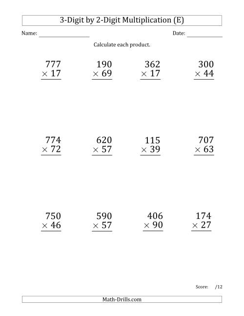 The Multiplying 3-Digit by 2-Digit Numbers (Large Print) with Comma-Separated Thousands (E) Math Worksheet