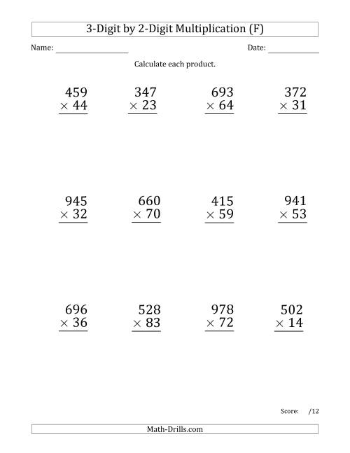 The Multiplying 3-Digit by 2-Digit Numbers (Large Print) with Comma-Separated Thousands (F) Math Worksheet