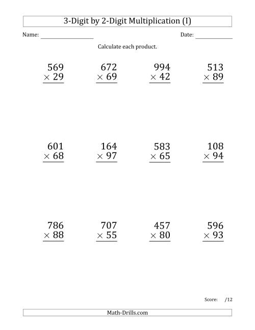 The Multiplying 3-Digit by 2-Digit Numbers (Large Print) with Comma-Separated Thousands (I) Math Worksheet
