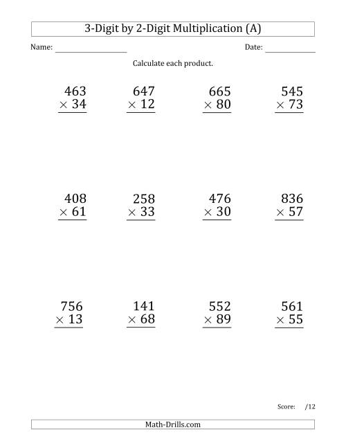 The Multiplying 3-Digit by 2-Digit Numbers (Large Print) with Comma-Separated Thousands (All) Math Worksheet
