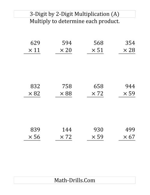 The 3-Digit by 2-Digit Multiplication (Large Print) Math Worksheet