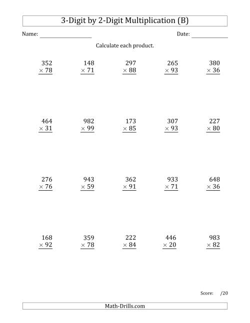 The Multiplying 3-Digit by 2-Digit Numbers with Space-Separated Thousands (B) Math Worksheet