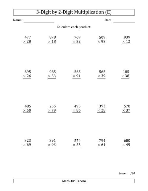 The Multiplying 3-Digit by 2-Digit Numbers with Space-Separated Thousands (E) Math Worksheet