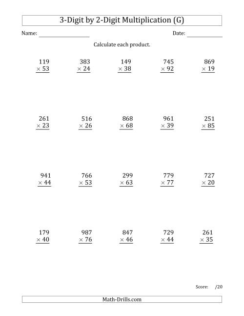 The Multiplying 3-Digit by 2-Digit Numbers with Space-Separated Thousands (G) Math Worksheet