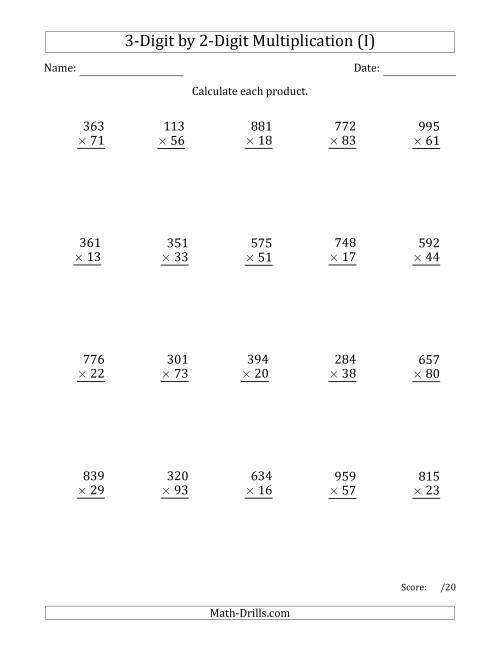 The Multiplying 3-Digit by 2-Digit Numbers with Space-Separated Thousands (I) Math Worksheet