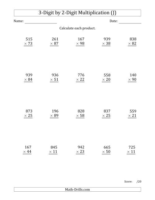 The Multiplying 3-Digit by 2-Digit Numbers with Space-Separated Thousands (J) Math Worksheet