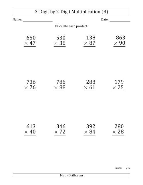 The Multiplying 3-Digit by 2-Digit Numbers (Large Print) with Space-Separated Thousands (B) Math Worksheet