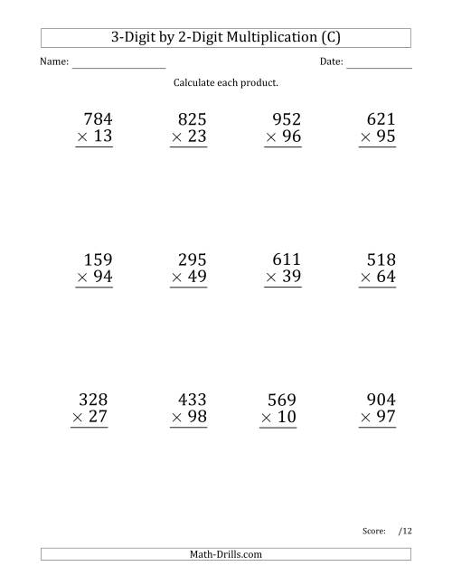 The Multiplying 3-Digit by 2-Digit Numbers (Large Print) with Space-Separated Thousands (C) Math Worksheet