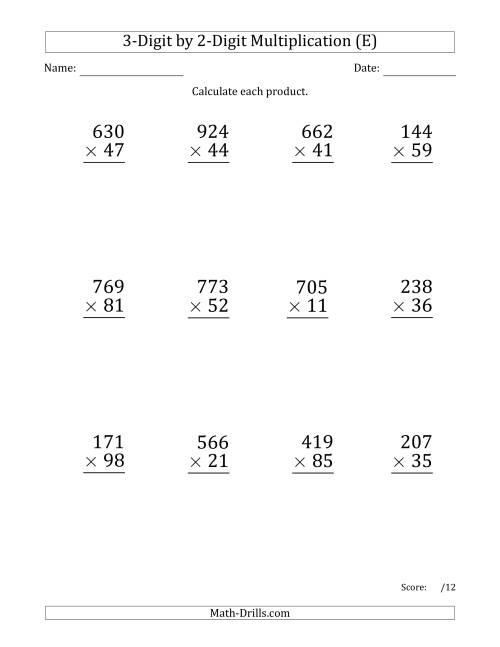 The Multiplying 3-Digit by 2-Digit Numbers (Large Print) with Space-Separated Thousands (E) Math Worksheet