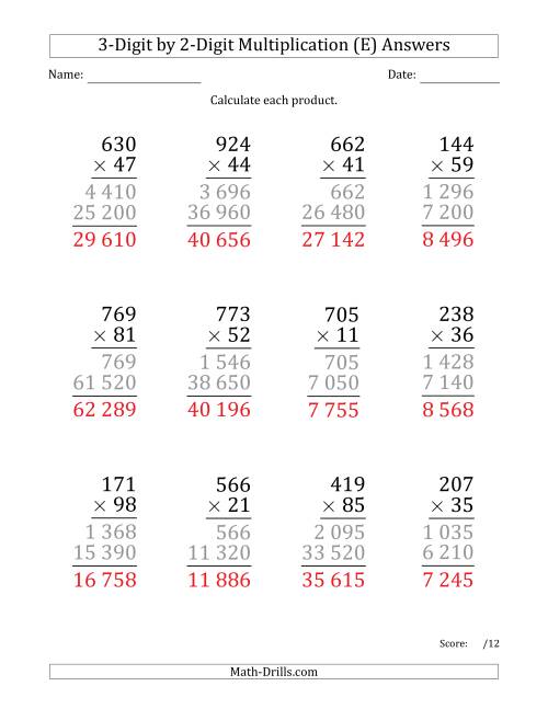 The Multiplying 3-Digit by 2-Digit Numbers (Large Print) with Space-Separated Thousands (E) Math Worksheet Page 2