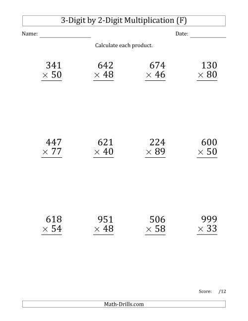 The Multiplying 3-Digit by 2-Digit Numbers (Large Print) with Space-Separated Thousands (F) Math Worksheet