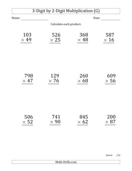 The Multiplying 3-Digit by 2-Digit Numbers (Large Print) with Space-Separated Thousands (G) Math Worksheet