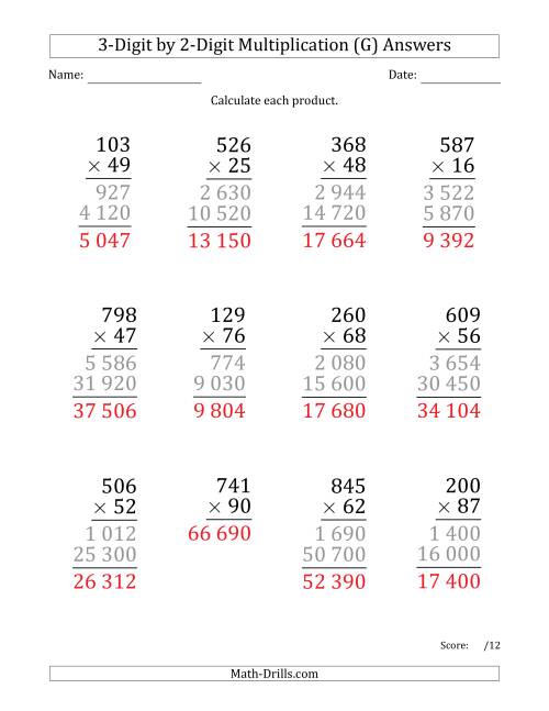 The Multiplying 3-Digit by 2-Digit Numbers (Large Print) with Space-Separated Thousands (G) Math Worksheet Page 2