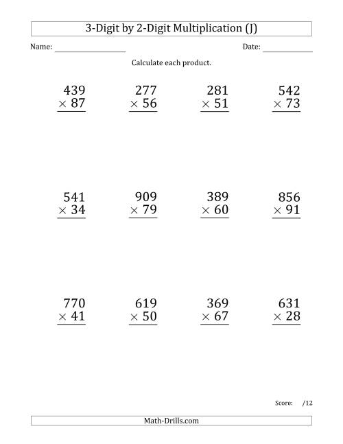 The Multiplying 3-Digit by 2-Digit Numbers (Large Print) with Space-Separated Thousands (J) Math Worksheet