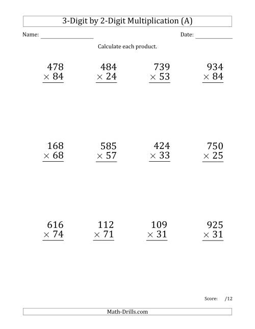The Multiplying 3-Digit by 2-Digit Numbers (Large Print) with Space-Separated Thousands (All) Math Worksheet