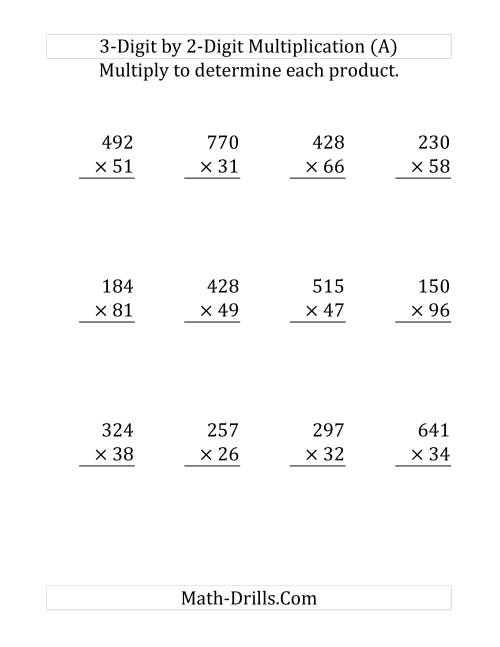 The 3-Digit by 2-Digit Multiplication (SI Version) (Large Print) Math Worksheet