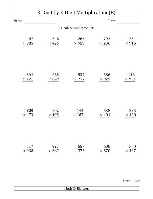 The Multiplying 3-Digit by 3-Digit Numbers with Comma-Separated Thousands (B) Math Worksheet